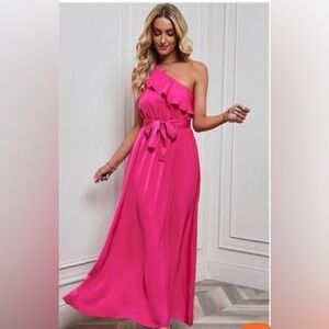 New! Ruffled One Shoulder Tied Elegant Maxi Dress Size Small